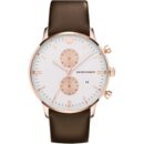 Emporio Armani Men's Rose Gold Chronograph Watch with White Dial and Brown Leather Strap - AR0398